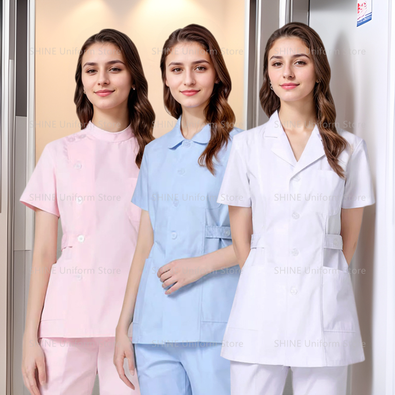 Medical Lab Coats - Pink Short Scrubs Set Nurse Doctor